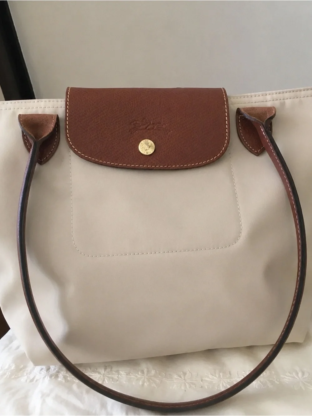 Longchamp Cream Canvas Tote with Brown Leather Trim